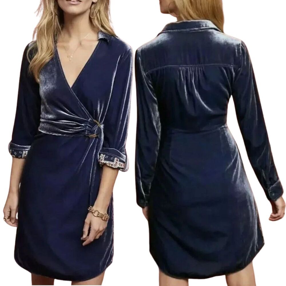 Anthropologie Maeve Indigo Blue Velvet Shirtdress Size 2 Crushed Velvet